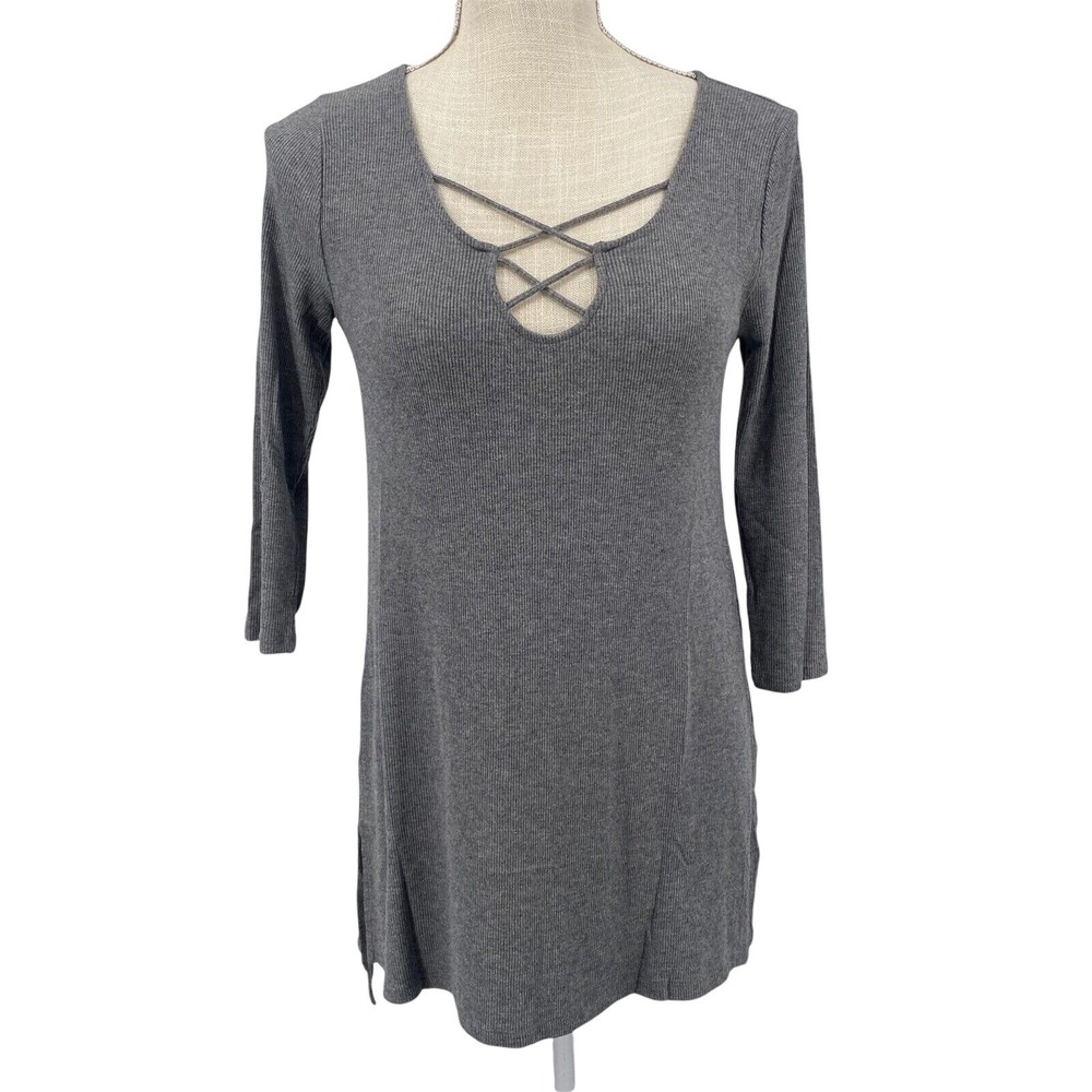 Hollister Women S Grey Ribbed Long Sleeve Lace Up Neck Tunic Dress Shirt Fashion